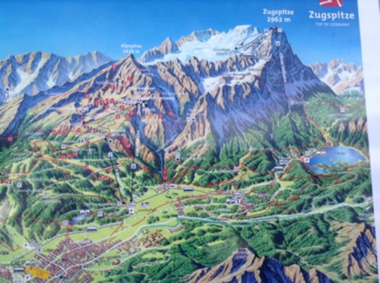 Deutschland - Garmisch-Partenkirchen - eingezeichnet Weg der Zahnradbahn und Gondel. Die Fahrten hin und zurück pro Person 50,-- Euro! Nicht gerade wenig, sollte man aber trotzdem unbedingt machen!