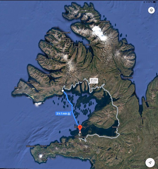 Island - Vesturbyggð - Das war unsere Route von Stykkishólmur nach Brjánslækur. Aussen herum hätten wir auch fahren können. Hätte aber länger gedauert und wäre sicher nicht so komfortabel gewesen. Vor allem wollte ich all die Inselchen und Schären mal live gesehen haben... 😀👍