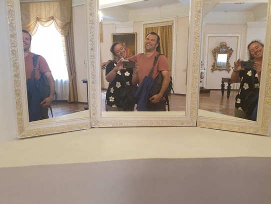 Belarus - Grodno - In the New Castle - Us trying to get all mirrors to reflect us