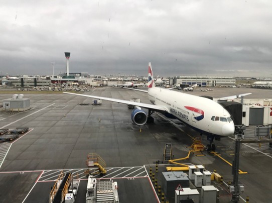 United Kingdom - Hounslow - Plane waiting for boarding on a grey background 