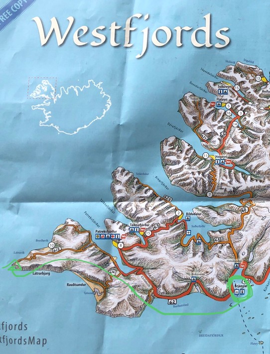 Island - Þingeyri - Eine schöne Karte haben wir da bekommen... Das war heute unser Weg von der Fähre bis zum Ende von Europa...