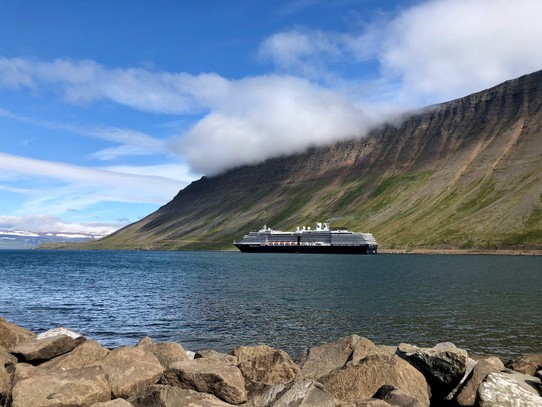 Island -  - Und tatsächlich liegt heute eines der erwähnten Kreuzfahrtschiffen im Hafen... Sieht beeindruckend aus, finde ich... Es ist ein Schiff von der „HAL“, der „Holland America Line“
