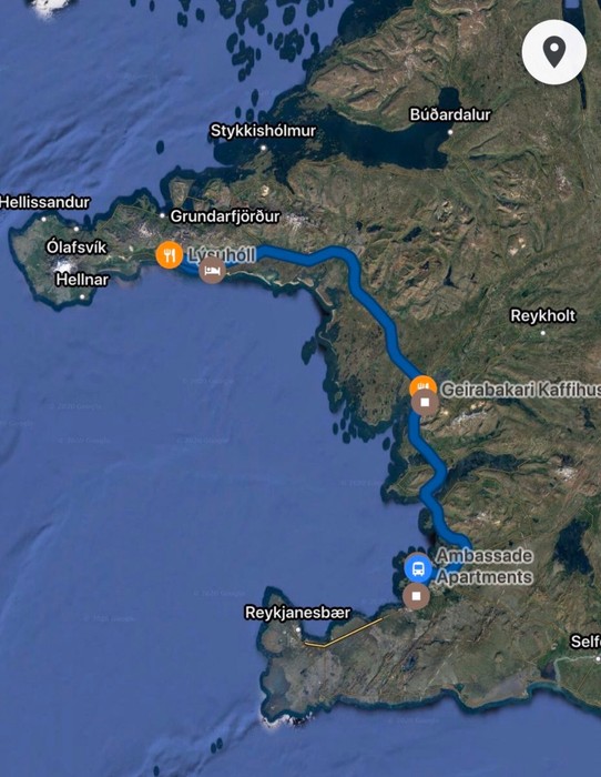 Island - Snæfellsbær - Das hier war unsere gestrige Tour. Von Reykjavik hoch bis zum Campingplatz auf Snæfellsnes...