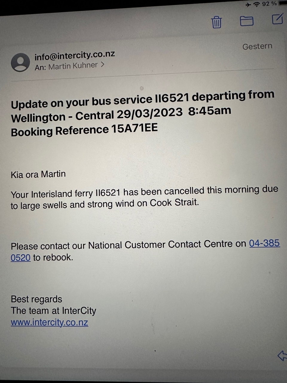 Neuseeland - Nelson -  Um 8:32 bekomme ich folgende Nachricht per E-Mail