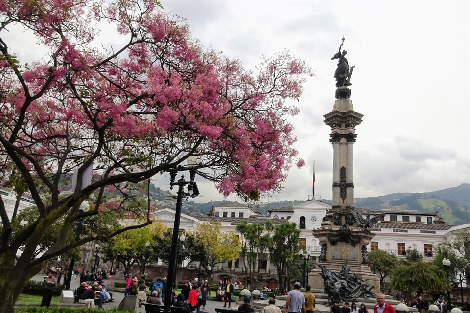 Ecuador - Quito - Central square with monument and Presidential Palace