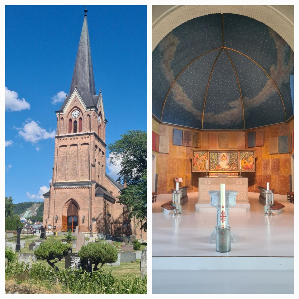 Norwegen - Lillehammer - Kirche: schlicht und sehr schön. Im Hintergrund  ist die Skischanze 🎿