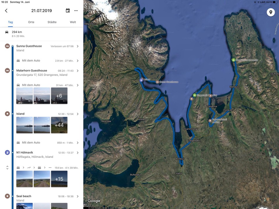 Island - Sveitarfélagið Skagaströnd - Das ist die Route, die wir heute gefahren sind. 294 km. Dafür, dass wir über 8 Stunden im Auto sassen, haben wir gefühlt heute trotzdem sehr viel unternommen und gesehen. Gute Nacht dann!