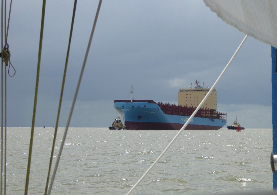 United Kingdom - Woodbridge - An empty Vuoksi Maersk arriving in Felixstowe. The six year old container ship sails under the flag of Denmark.
In 2021 Maersk settled a major lawsuit with Evergreen out of court. Their ship, Ever Given grounded and blocked the Suez Canal.