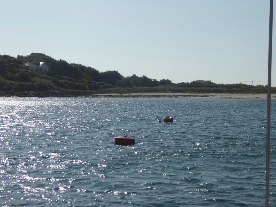 United Kingdom - Isles Of Scilly - It is a very busy harbour, with loads of mooring buoys packed closely together. We thought we’d found a lovely [red] buoy until we discovered it is private.  The yellow visitor ones are very robust, and so close, that when unoccupied tap on the side of your boat.