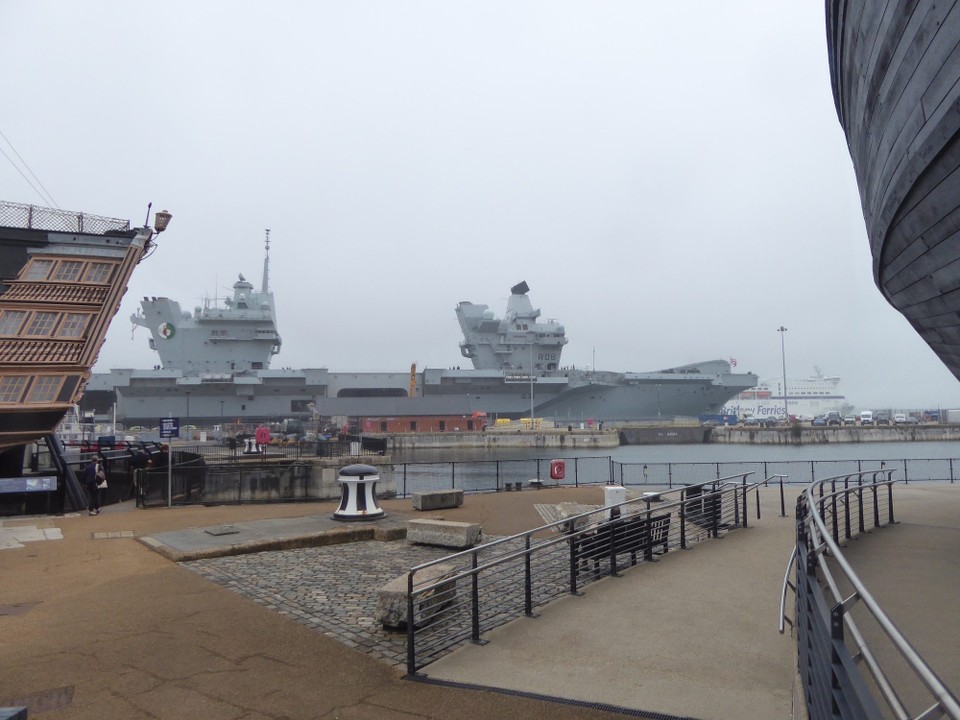 United Kingdom - Portsmouth - Another day in port so we caught the bus into Portsmouth to the Historic Dockyard. HMS Queen Elizabeth was also in port, and being visited by friends and family. An aircraft carrier, RO8 is the lead ship of the Queen Elizabeth class of aircraft carriers and the fleet flagship of the Royal Navy.