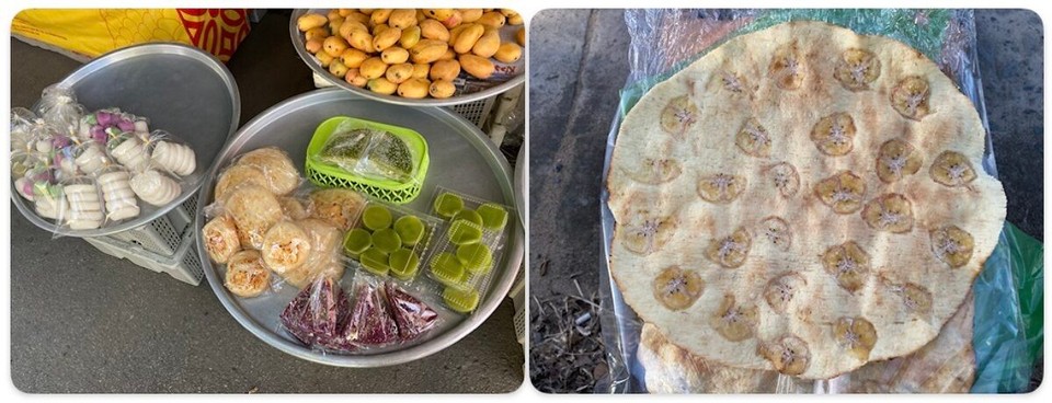 Vietnam - Can Tho - Auf dem „normalen“ Markt kauf ich mir noch was süßes - Bánh Tráng chuối (das weiß/ braune runde neben dem lilanen) und Bánh Bò Nướng