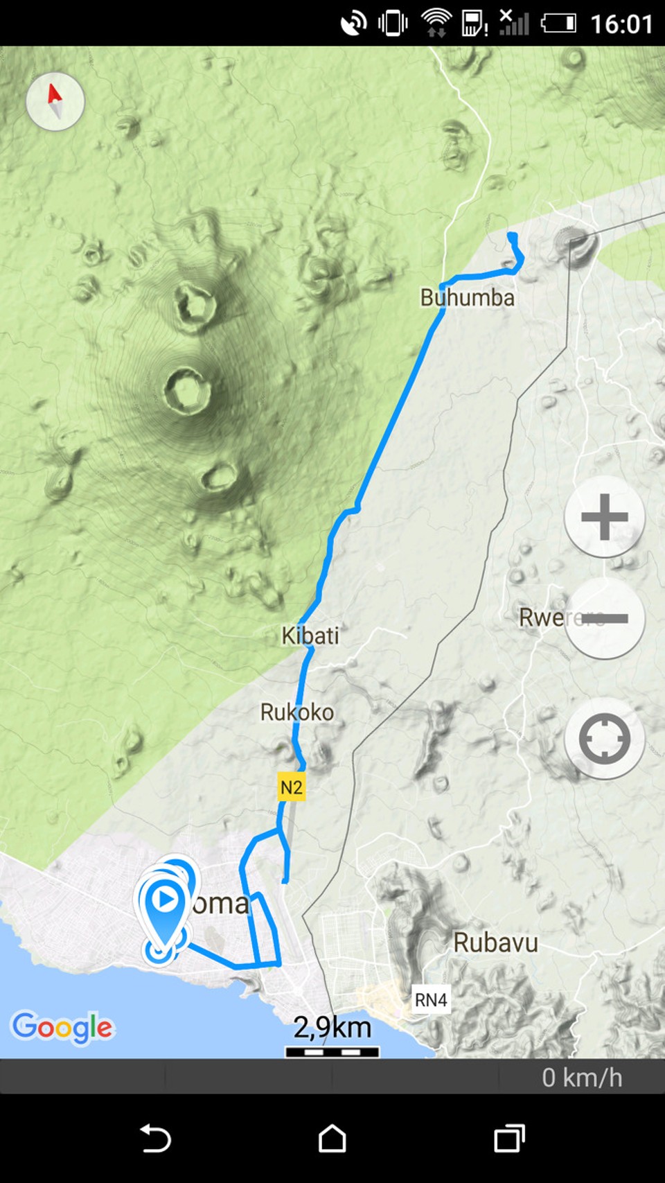 Demokratische Republik Kongo - Goma - Unsere Route. Waren zwar nur 32 km jedoch haben wir pro Weg 1 1/2 Stunden benötigt. 
