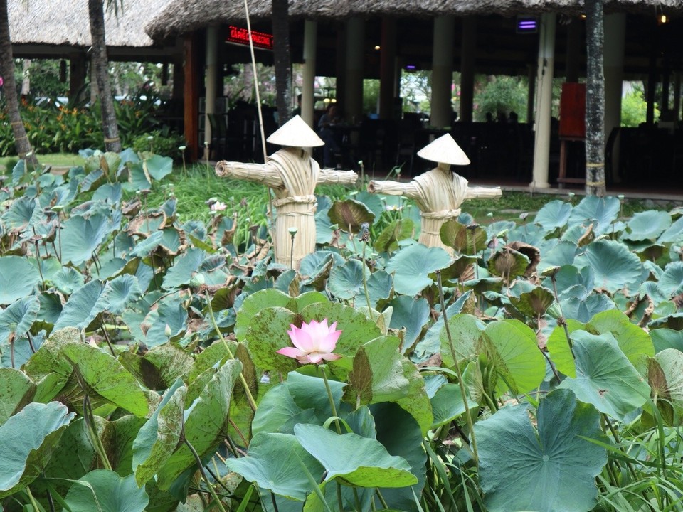 Vietnam - Ho-Chi-Minh Stadt - Nett angelegter Garten mit Lotusblumen und vietnamesischen Vogelscheuchen...
