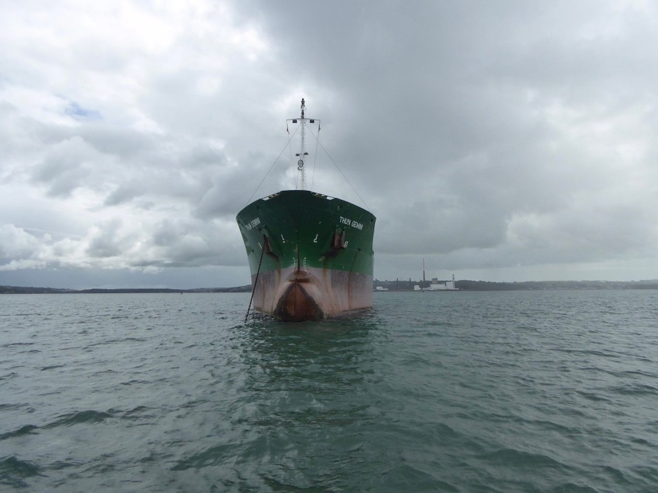 Ireland - Crosshaven - We cut across the anchorage area, passing the Dutch chemical / oil products tanker, Thun Gemini….