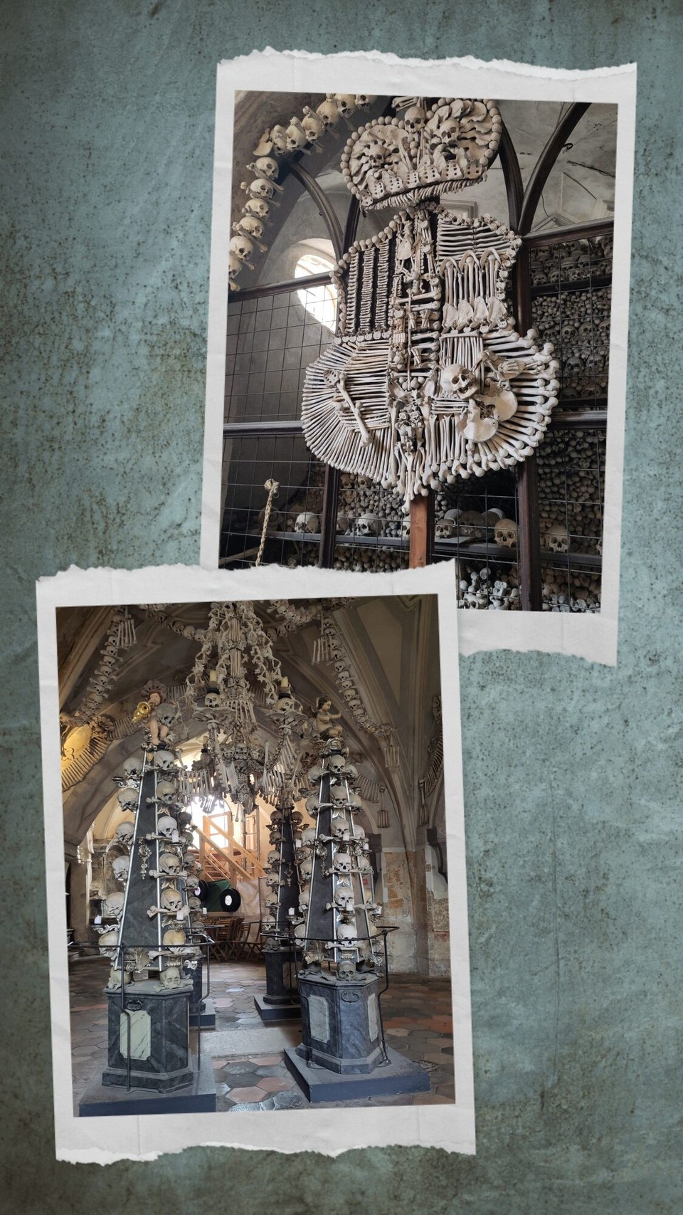 Tschechien - Kutná Hora - Wappen, Girlanden, Kronleuchter.... Es wurden Knochen von ca. 40.000 Menschen verarbeitet, die an Hungersnot, Pest oder durch Kriege starben. Religiös wohl erklärbar, mir etwas fremd.