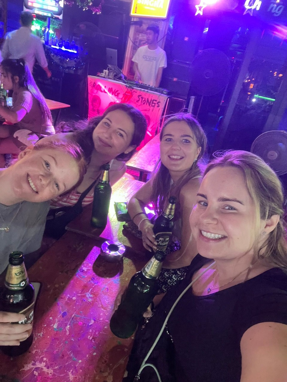 Thailand - Bangkok - Friends! Ellie and I met and had dinner together on Khao San Road, I had a massaman curry 🍛! Whilst we were eating, a lady came over and offered us scorpions to eat, no thanks 😂. We walked up and down and found a bar to have some drinks in. Ellie and Sophia joined us and we played piccalo!