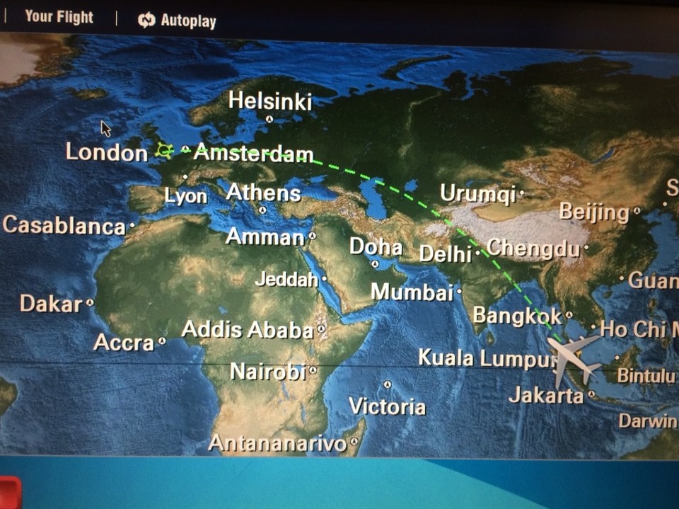 Vereinigtes Königreich - Staines-upon-Thames - Das ist die Route Kuala Lumpur - London (nach unserer Buchung im Frühjahr wurde der direkte Flug KL-Frankfurt leider aus dem Programm genommen, was uns dem Umweg an die Themse bescherrt)