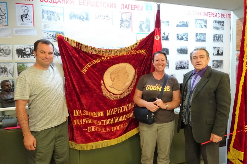 Russia - Perm - Luke and I with the Soviet flag, and the ex-colonel