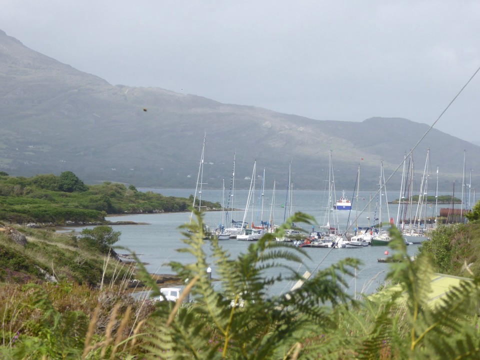 Ireland - Bere Island - Walking back to the boat, we caught glimpses of the marina. You can see Avalon’s furled foresail in front of the white house 