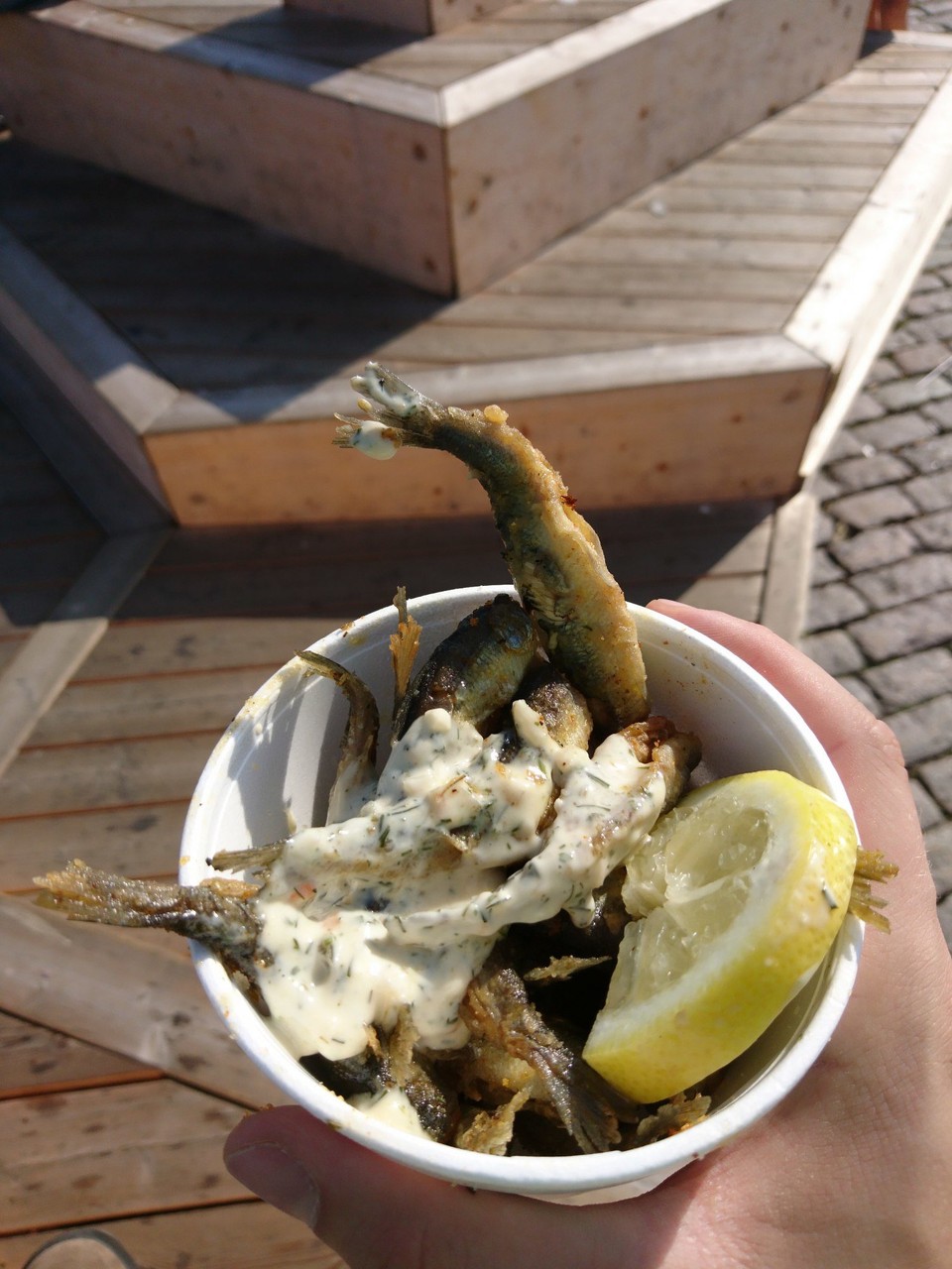 Finnland - Helsinki - Frittierte Fische am Hafen von Helsinki. Sehr schmackhaft :)
