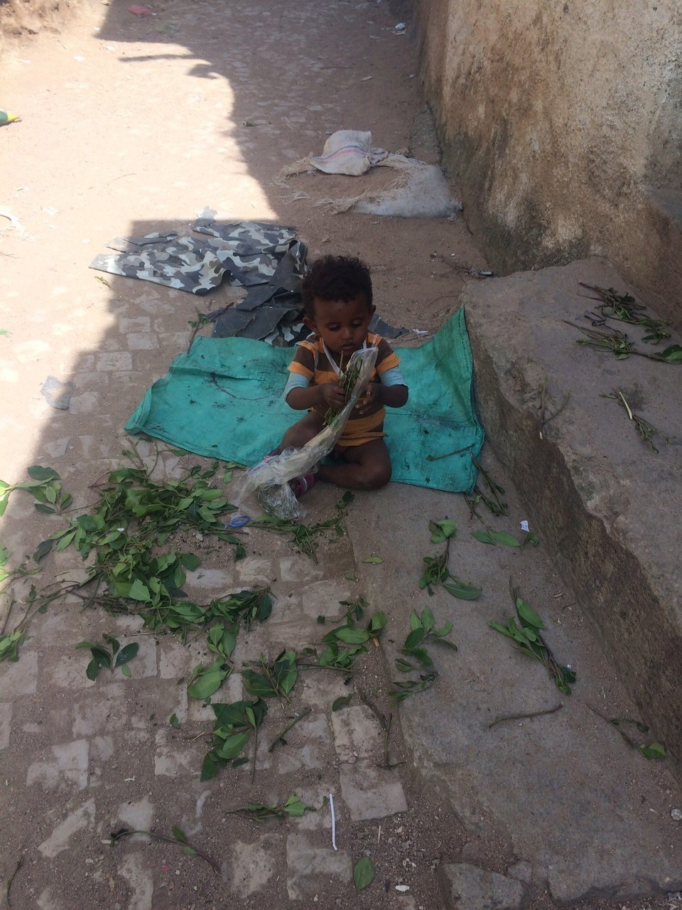 Äthiopien - Addis Abeba - Ein Kind inmitten von Khat-Blättern. So wächst es gleich mit der ‚Kultur‘ auf
