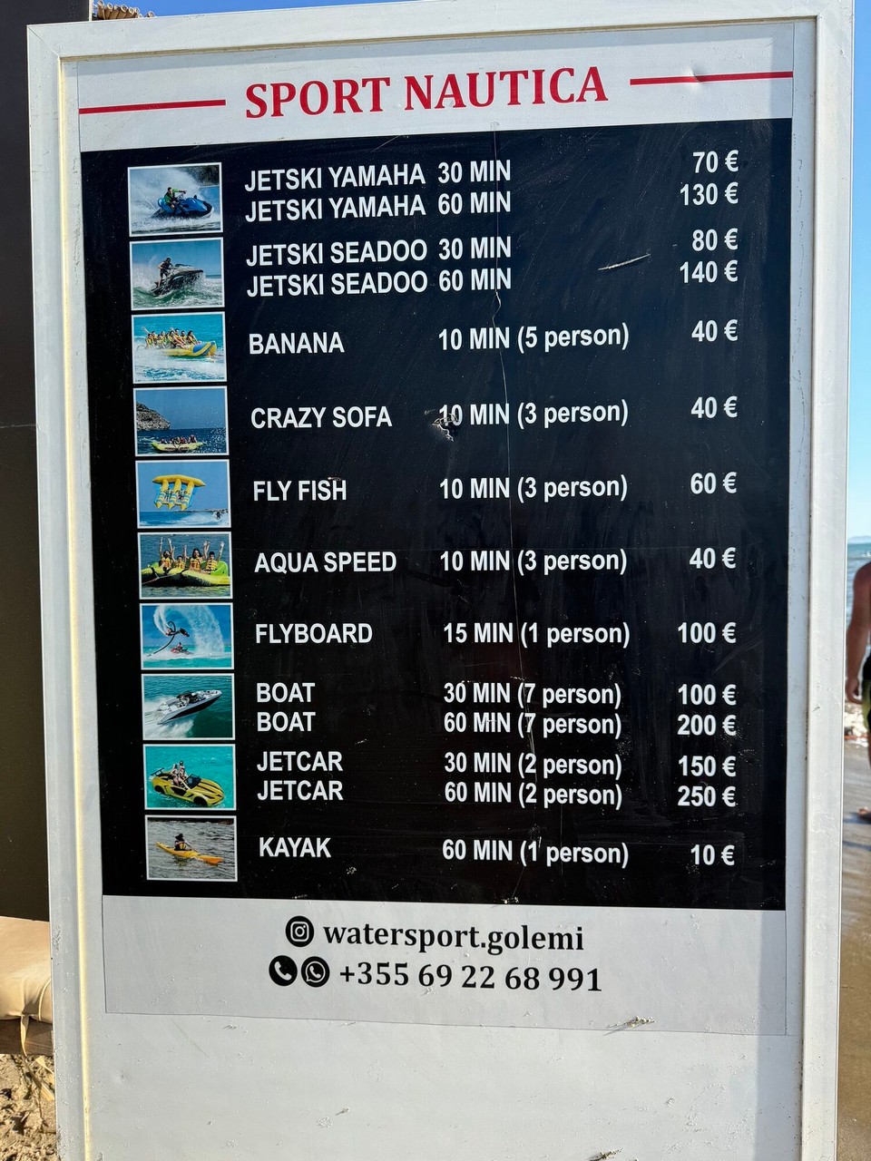 Albanien - Kavaje - Hier mal die Preise für Aktivitäten am Strand.