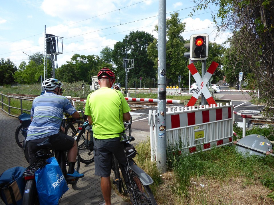 Deutschland - Lutherstadt Wittenberg - Kurz vor der Innenstadt gab es noch einen kleinen Stau. Diese Gruppe von sechs Personen ist übrigens die einzige, die mir bisher auf der Reise mehrfach begegnet ist. Nicht viel los zurzeit am beliebtesten Radweg Deutschlands.