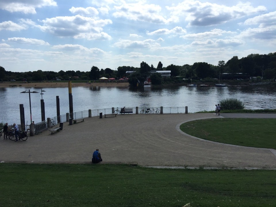  - Germany, Bremen - Walking along the Weser River toward the Weser Stadium. 