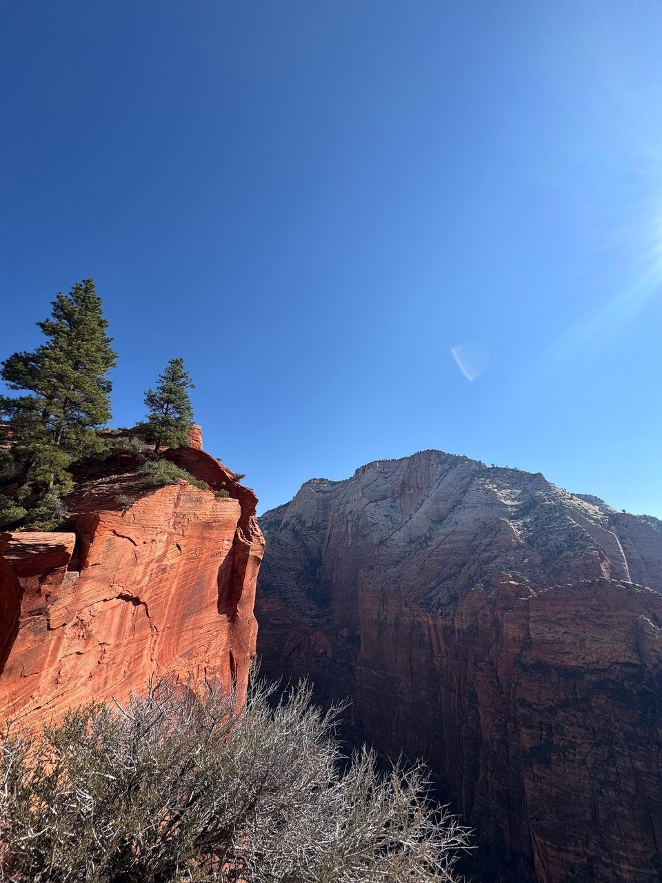 Vereinigte Staaten - Springdale - Nachem Zmorge (das hemmer mitgno, dass mer ned no glinner hend mösse ufstoh) simmer uf en witere Trail. Deh esch ziemlich ufe gange und wo mer fasch dobe gsi sind esch es nomol so richtig steil s‘Loch uf.😅 d‘Ussicht esch mega schön gsi. Rächts und links hets Felswänd wo 300-500m abe gange sind.😊