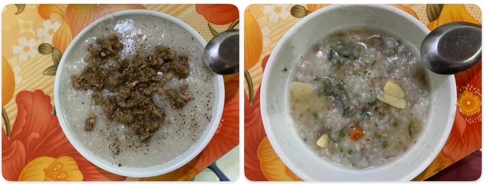 Vietnam - Dien Bien Phu - Abendessen - sieht erstmal sehr komisch aus, aber wenn man umrührt, Pfeffer darauf streut und Knoblauchessig hinzufügt, wird es geschmacklich interessant 😅 (Chao Thit)
Reisporridge mit Schwein und grünen Kräutern