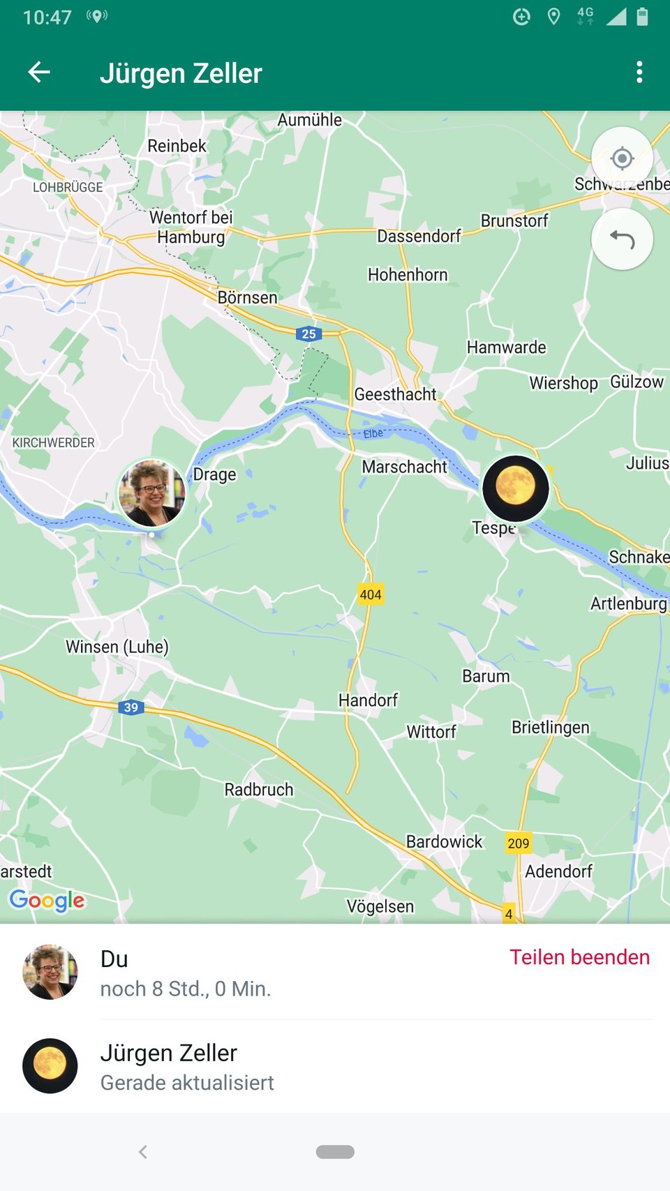Deutschland - Boizenburg/Elbe - Ebenfalls zum ersten Mal habe ich heute auf der Strecke Freund*innen getroffen. Sie fuhren in die andere Richtung und wir haben uns per WhatsApp-Standort-Teilung verständigt. Das war lustig. Und sehr nett, mit Maria und Jürgen einen Kaffee zu trinken.