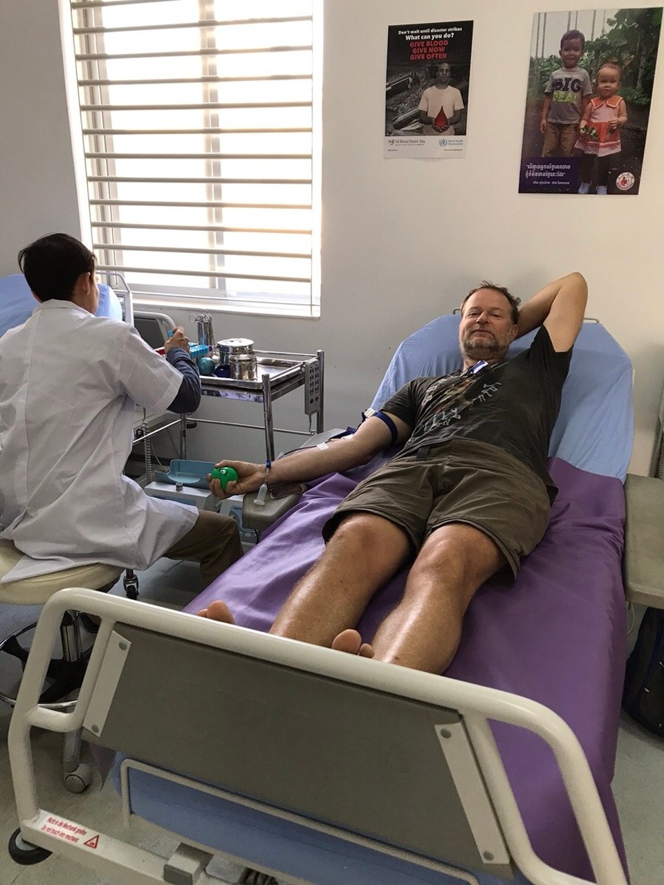 Cambodia - Phnom Penh - J doing his bit at PP Blood Transfusion Unit (very proud of him!)
