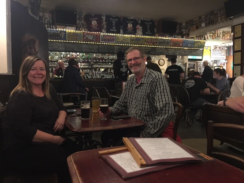 United Kingdom - Windsor - Drinks at The Nags Head, Reading. 
Ron drank 'Pressed Rat and Warthog' beer from Hampshire, Sue had 'There is a Light that Never Goes Out' stout and I had 'Cuckoo Penny' Cider. 