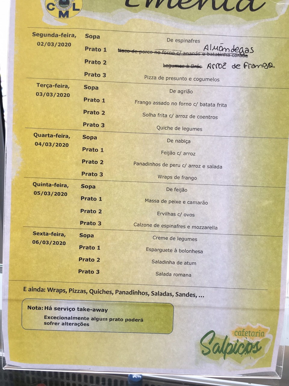 Portugal - Lagos - Tagesmenü des Schwimmbad Bistros (5€ je Menü eje 1€ Wasser, Wasser, Café)