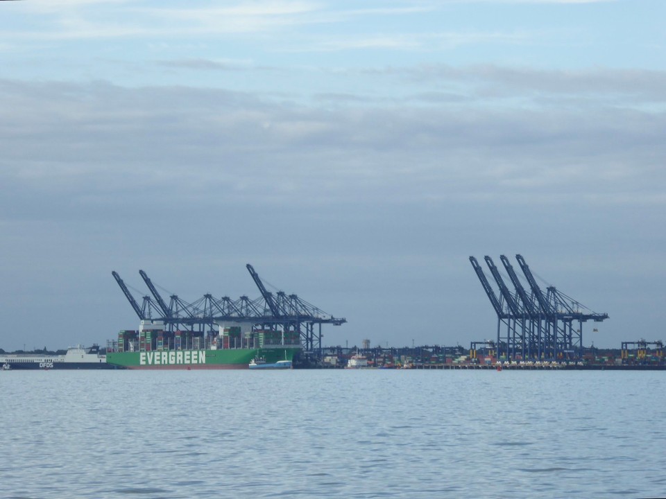 United Kingdom - Walton On The Naze - Felixstowe Port looked very close over the still waters. The Ever Ace is currently one of the world’s biggest container ships owned by Evergreen Marine, a Taiwanese shipping company. 