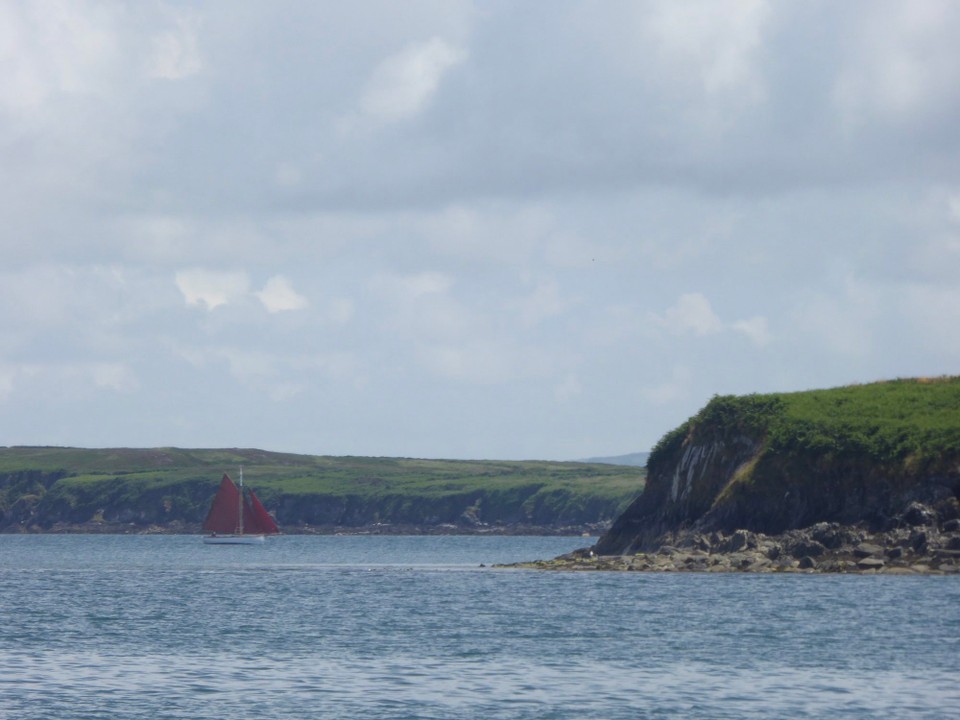 Ireland -  - A red sailed dinghy having fun sailing past Coney Island.