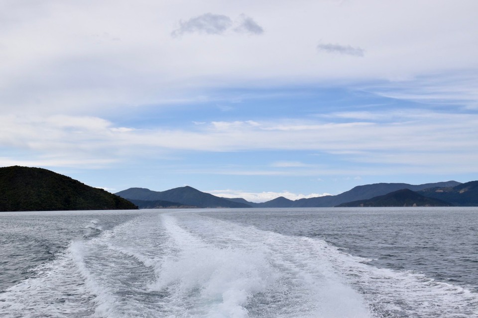 Neuseeland - Motueka - Los ging die Fahrt.
Die  Queen Charlotte Delivery Cruise transportiert die Post, Pakete, Wanderer und alle möglichen Waren zu den Einwohnern und Lodgen in den Fjorden, dadurch sind wir in vielen reingefahren und haben kurz angelegt.
