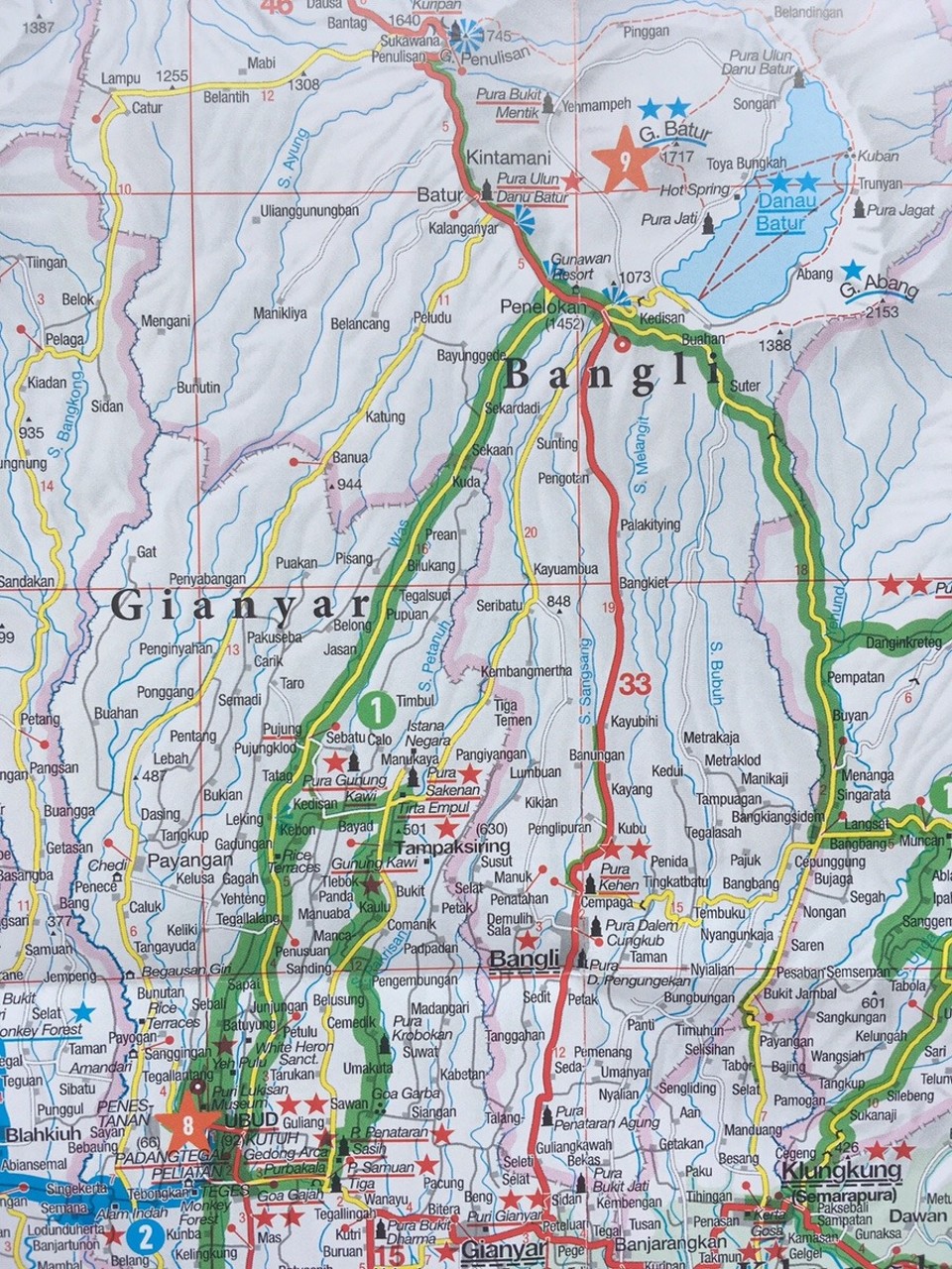 Indonesien - Bangli - Von Ubud (unten links) aus ging es (hier grün) Richtung Norden nach Penelokan am Danau Batur und von dort die Parallelstraße (hier gelb) wieder nach Süden mit Stop an Pura Tirta Empul und Gunung Kawi.
