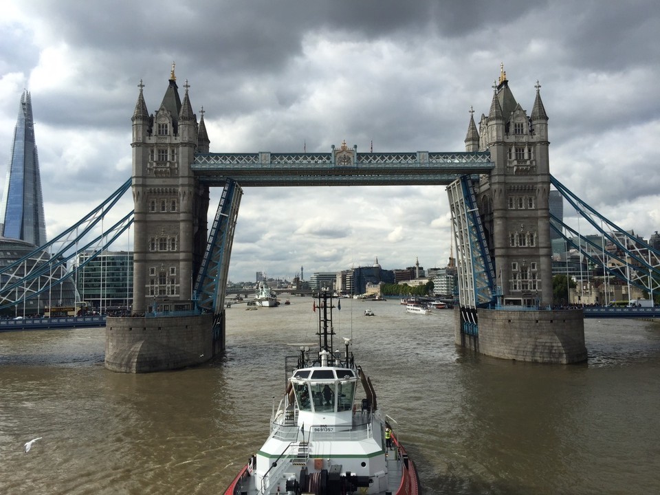  - United Kingdom, London, River Thames - Going under the Tower Bridge, London. 