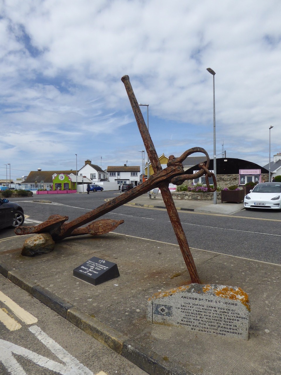 Ireland - Kilmore Quay - We also explored the town; this anchor is from the Idaho which sank south of the Saltees in June 1878.  
All the crew and passengers were landed safely at Kilmore Quay. The bell and rigging are displayed in Kehoe’s Pub and Parlour, which sadly wasn’t open when we walked past.