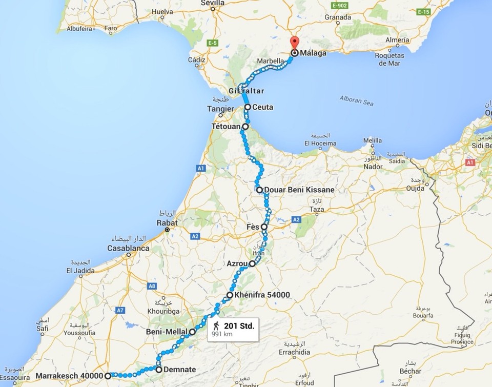 Morocco - Ménara - Der Entwurf eines ersten Streckenplans.

Eine Etappe wird aber mit Zug oder Bus durchgeführt, sonst geht sich das nie und nimmer aus. 
Gar nicht wegen der Kilometer, sondern der Höhenmeter. Ich muss da über den Mittleren Atlas und da kommt echt was auf mich zu.