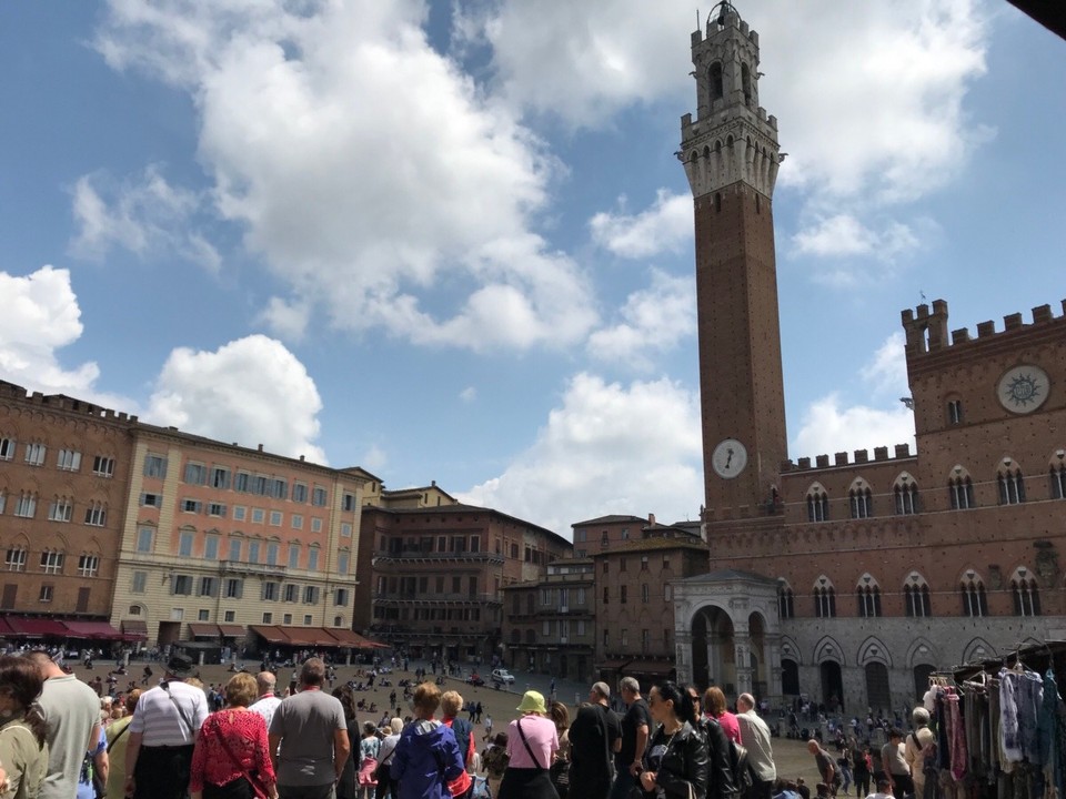 Italien - Siena - Piazza del Campo: Irgendwie kaum zu glauben, dass zweimal pro Jahr auf diesem Platz das gefährlichste Pferderennen -Palio- ausgetragen wird! Die rivalisierenden Stadteile Sienas (17) ermitteln über dieses brutale, gnadenlose und unfaire Pferderennen ihren symbolischen Sieger. Opfer unter Pferden und Reiter sind nicht unüblich.