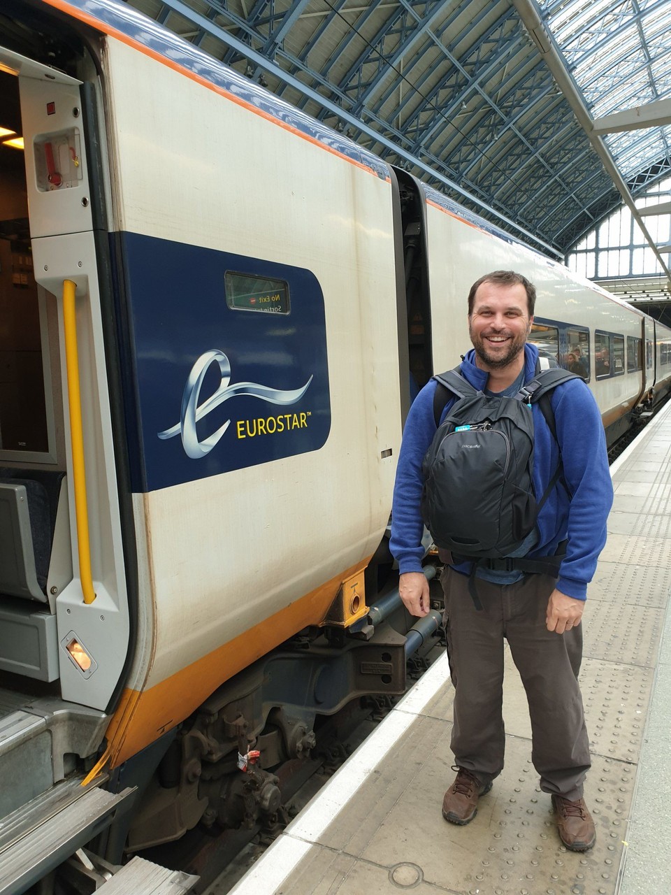 United Kingdom - London - We have a photo of Luke by the first train, now Luke by the Eurostar, our last train.