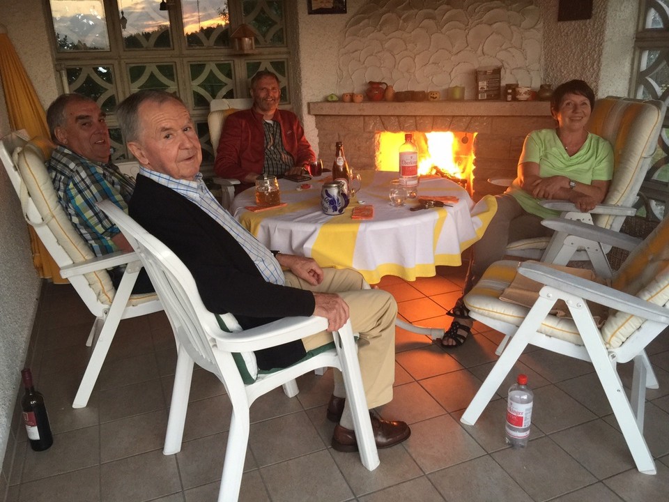 Germany - Ellwangen - Dinner on the patio by the fire with Mucki, Wolfgang and Otto. 