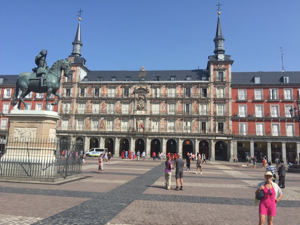 Spain - Madrid - Plaza Mayor. Originally used for bull fights, public executions and public meetings. Statue of Don Felipe III. 