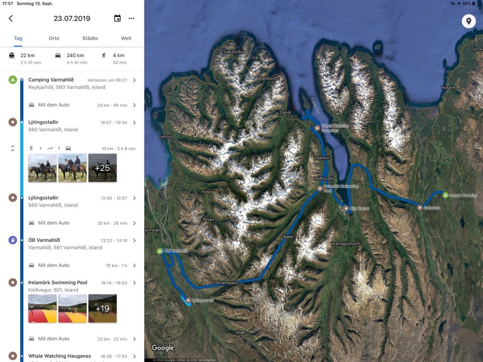 Island - Þingeyjarsveit - So! Das war unser heutiger Tag. 240 km Strecke. 22 km Whale-Watching, 4 km Ausritt (was irgendwie nicht stimmen kann... Aber was soll‘s...) und eine schöne Rast beim Schwimmbad Pelamörk. Es war ein toller und langer Tag!