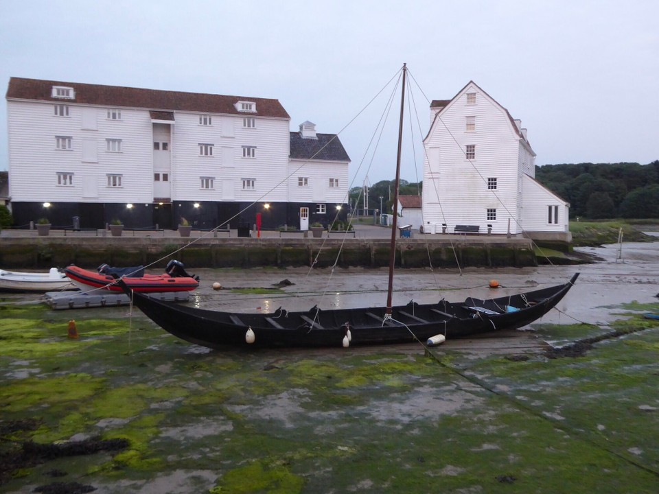 United Kingdom - Woodbridge - A scale model of the long boat sits in the harbour amongst the house boats.
