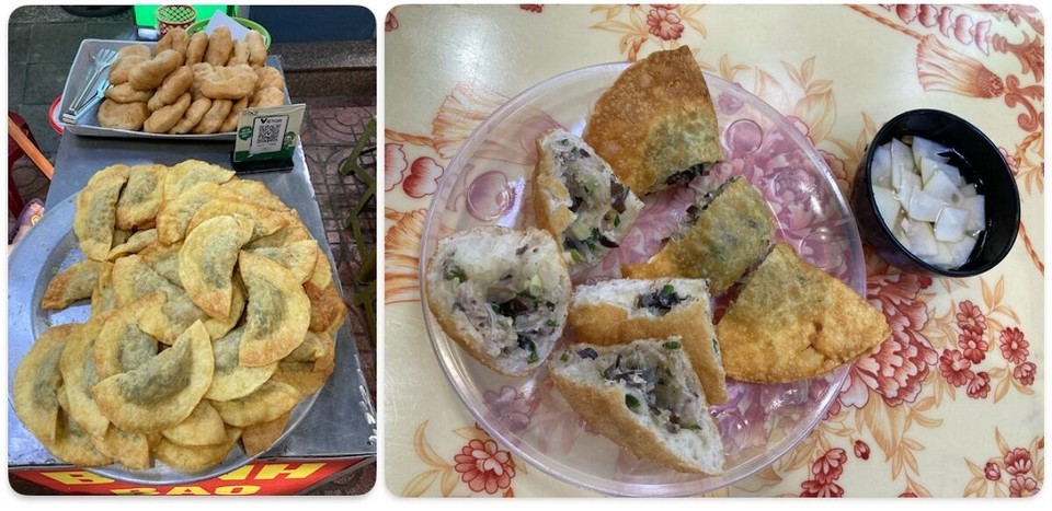 Vietnam - Ninh Bình - Weils gestern so gut war, nehm ich die heute gleich nochmal - Banh Goi und Banh Bao Chien (gleiche Füllung, anderer Teig), fein säuberlich aufgeschnitten mit süßsauer eingelegter Papaya zum dippen