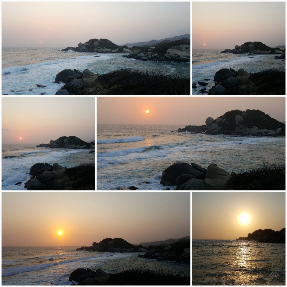 Kolumbien - Parque Nacional Natural Tayrona - Die Nacht in der Hängematte war ein echtes Erlebnis. Egal was man sich noch übergezogen hatte, die Feuchtigkeit kommt überall durch. Ich hatte extra für diesen Moment das Moskitonetz mitgenommen. Da der Wind aber in der Nacht zunahm, konnte man es auch weg lassen. Am naechsten Morgen extra früh raus um den Moment des Sonnenaufgangs mitzuerleben. Fantastisch bei der Kulisse. 
Ohne Fruehstueck habe ich mich wieder auf den Weg gemacht um nicht in der Mittagshitze die Wanderung zurück zu machen. 