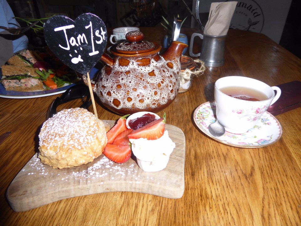 United Kingdom - Helston - I wouldn’t normally have a cream tea, but I cannot praise the fresh buttermilk scone highly enough, and it seems the age old question has also been answered.